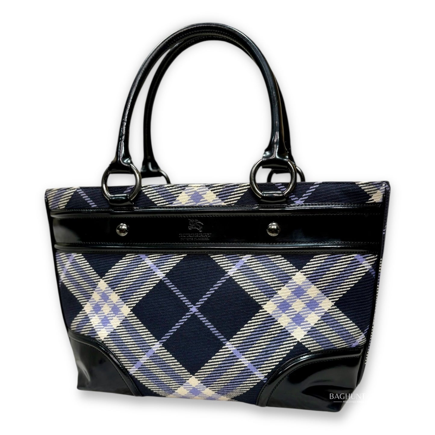 Burberry London Blue Label Plaid and Black Patent Leather Shoulder Bag
