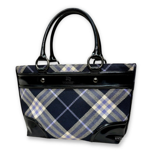 Burberry London Blue Label Plaid and Black Patent Leather Shoulder Bag