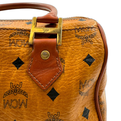 MCM Visetos Cognac Leather Boston Bag