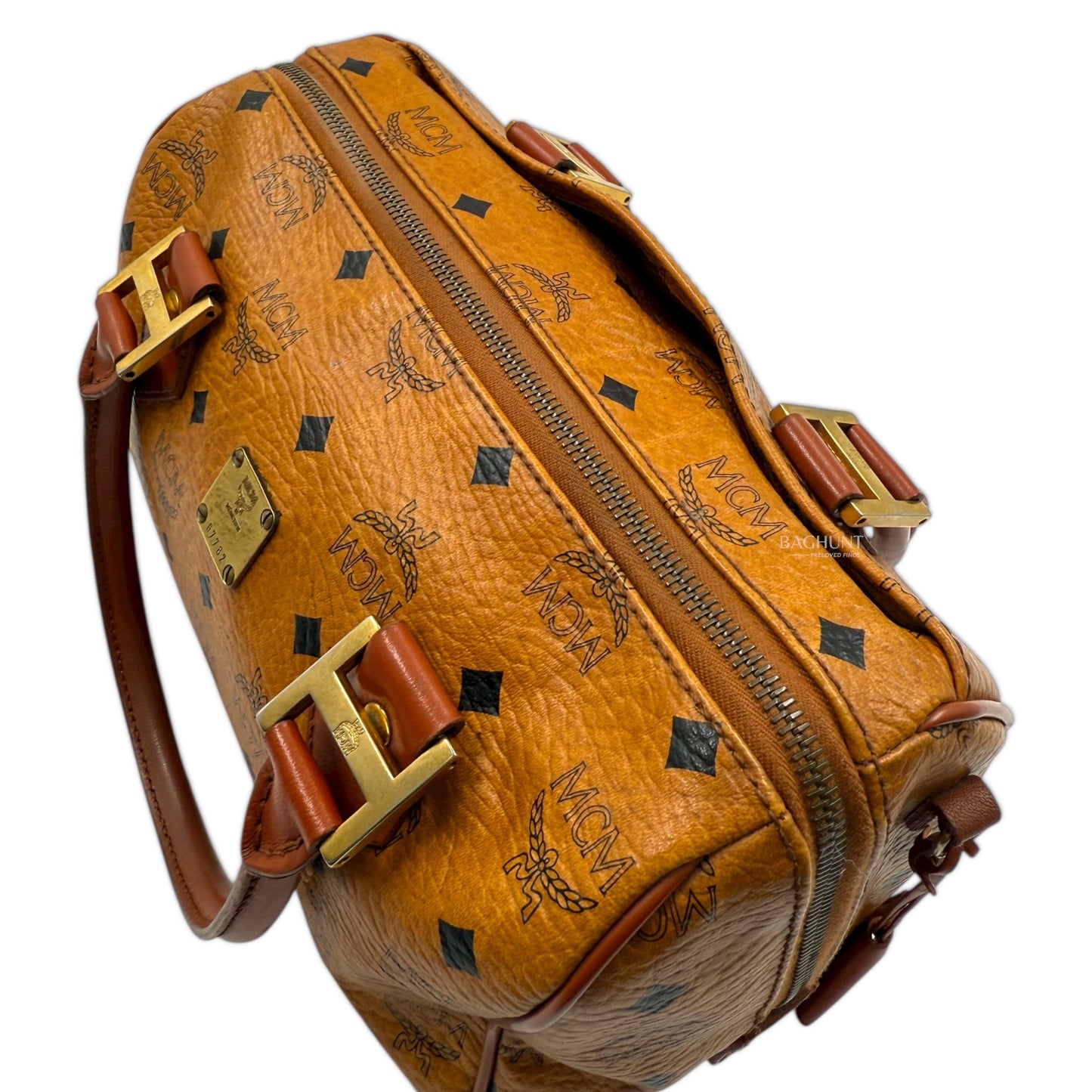 MCM Visetos Cognac Leather Boston Bag