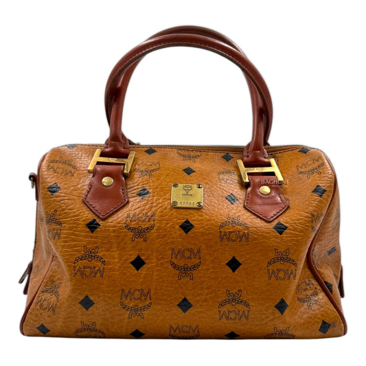 MCM Visetos Cognac Leather Boston Bag