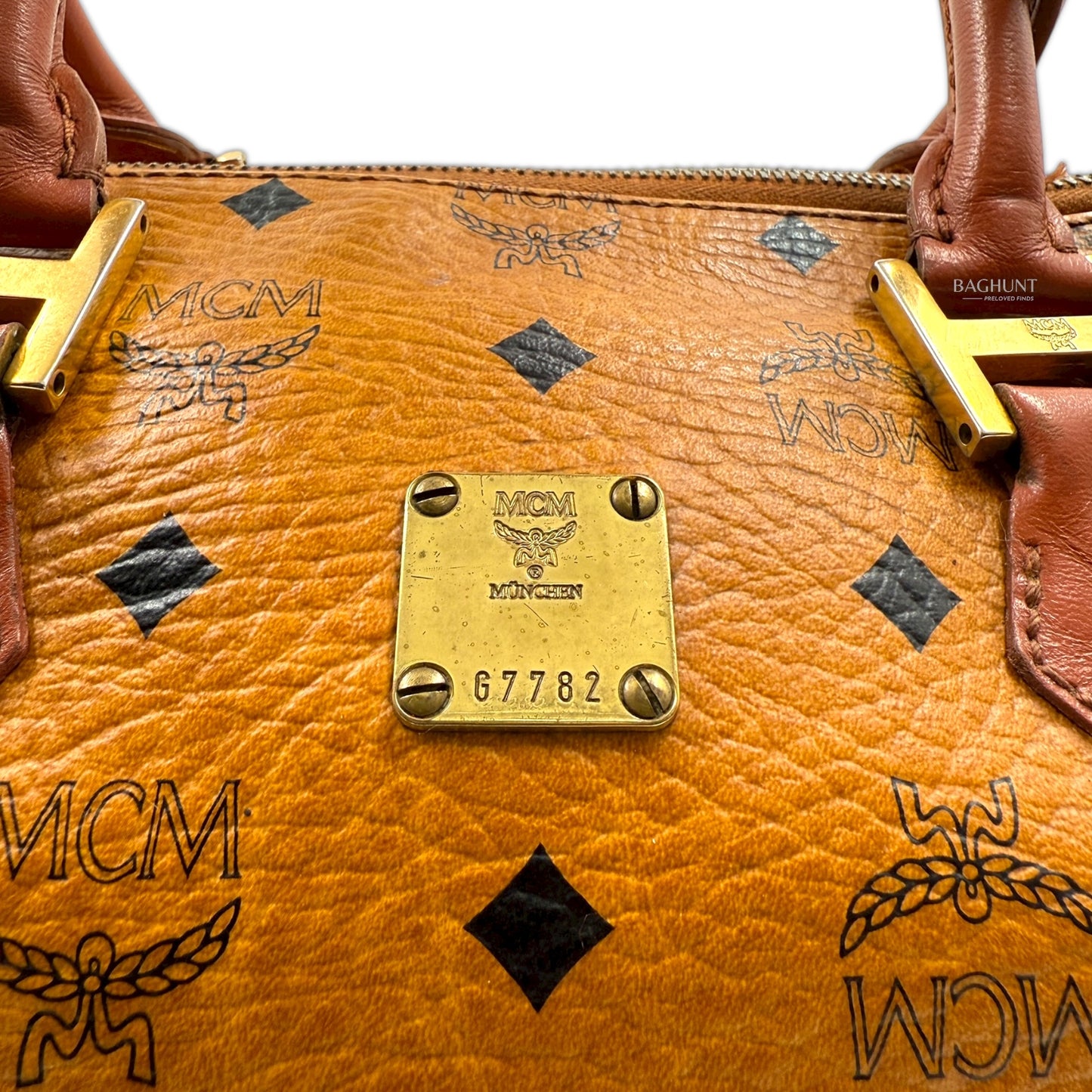 MCM Visetos Cognac Leather Boston Bag