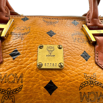 MCM Visetos Cognac Leather Boston Bag