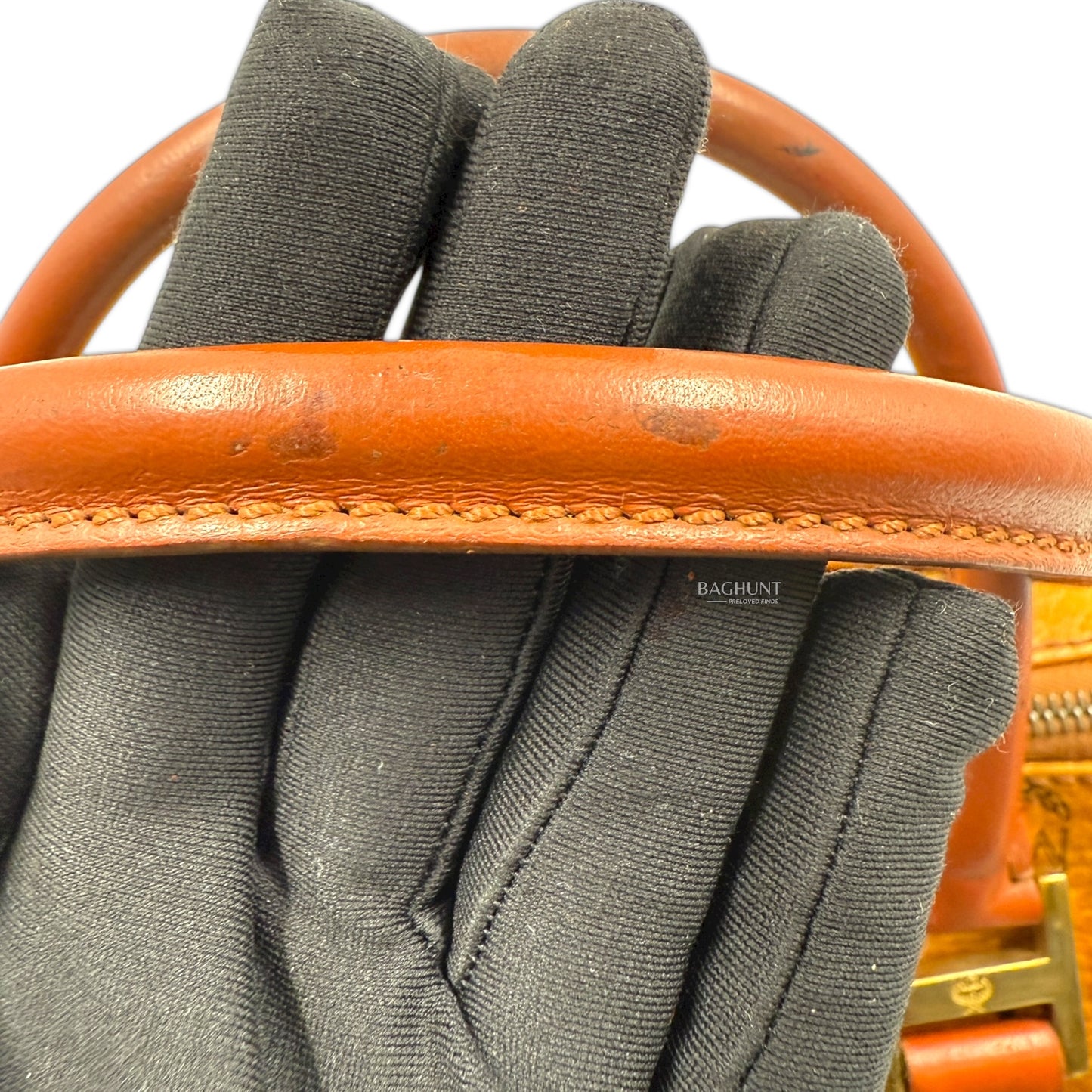 MCM Visetos Cognac Leather Boston Bag