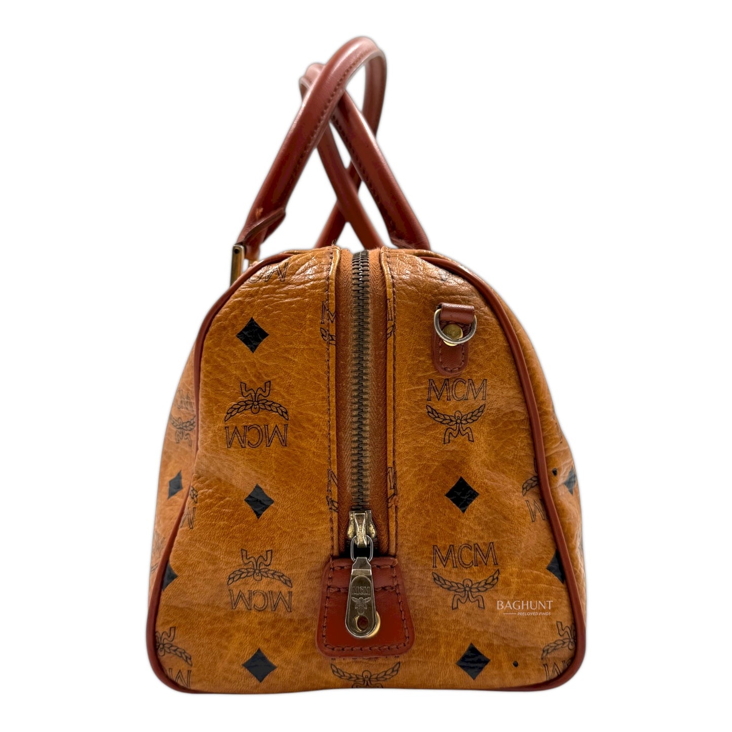 MCM Visetos Cognac Leather Boston Bag