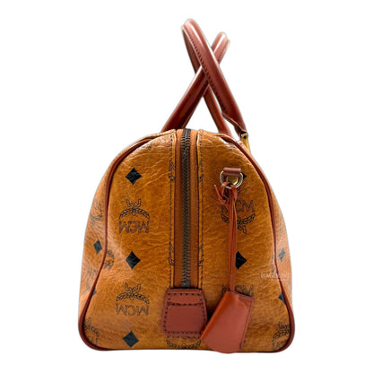 MCM Visetos Cognac Leather Boston Bag