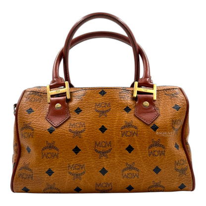 MCM Visetos Cognac Leather Boston Bag
