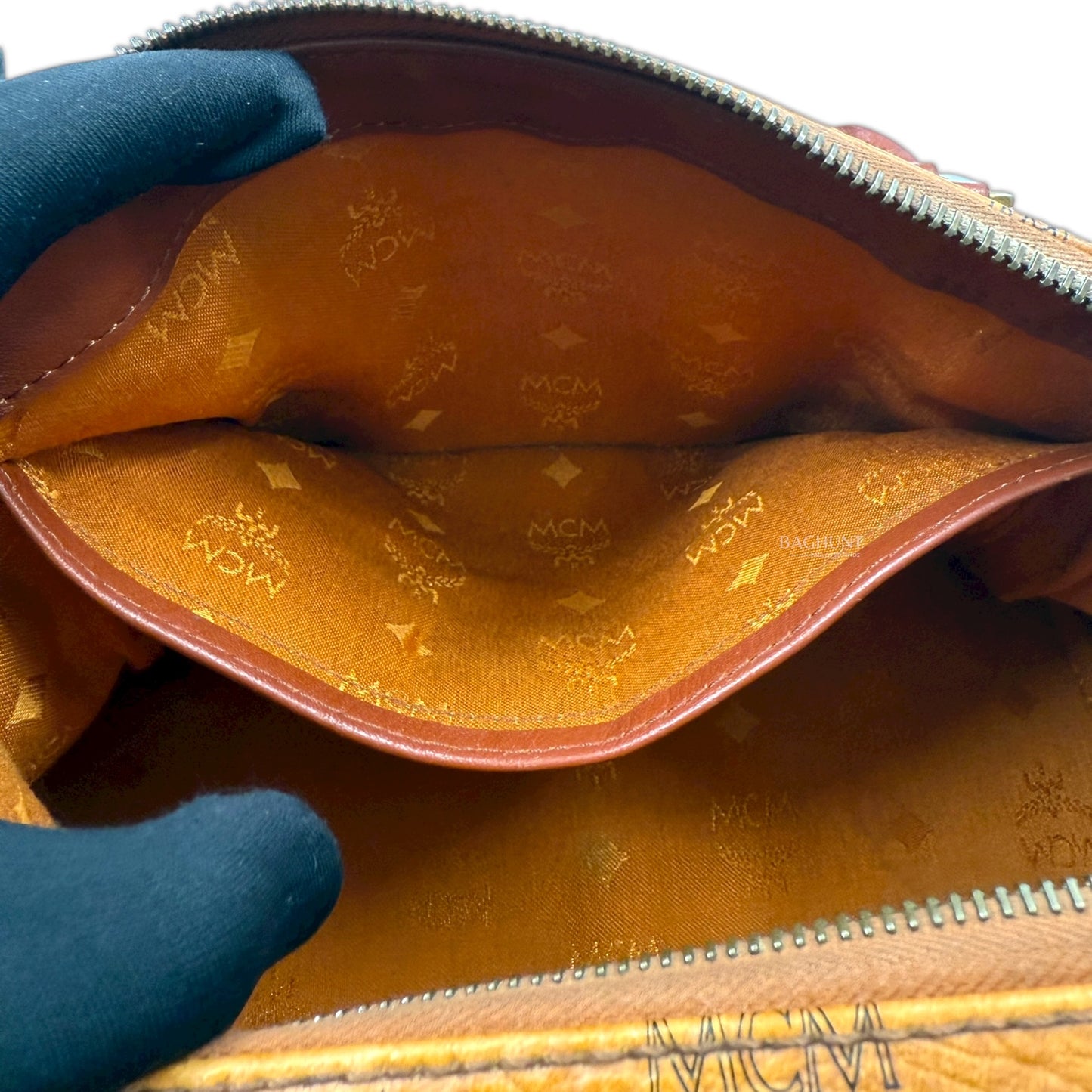 MCM Visetos Cognac Leather Boston Bag