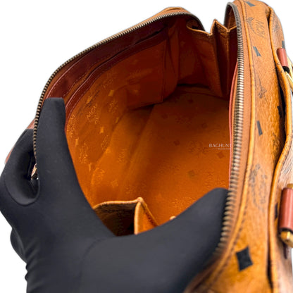 MCM Visetos Cognac Leather Boston Bag