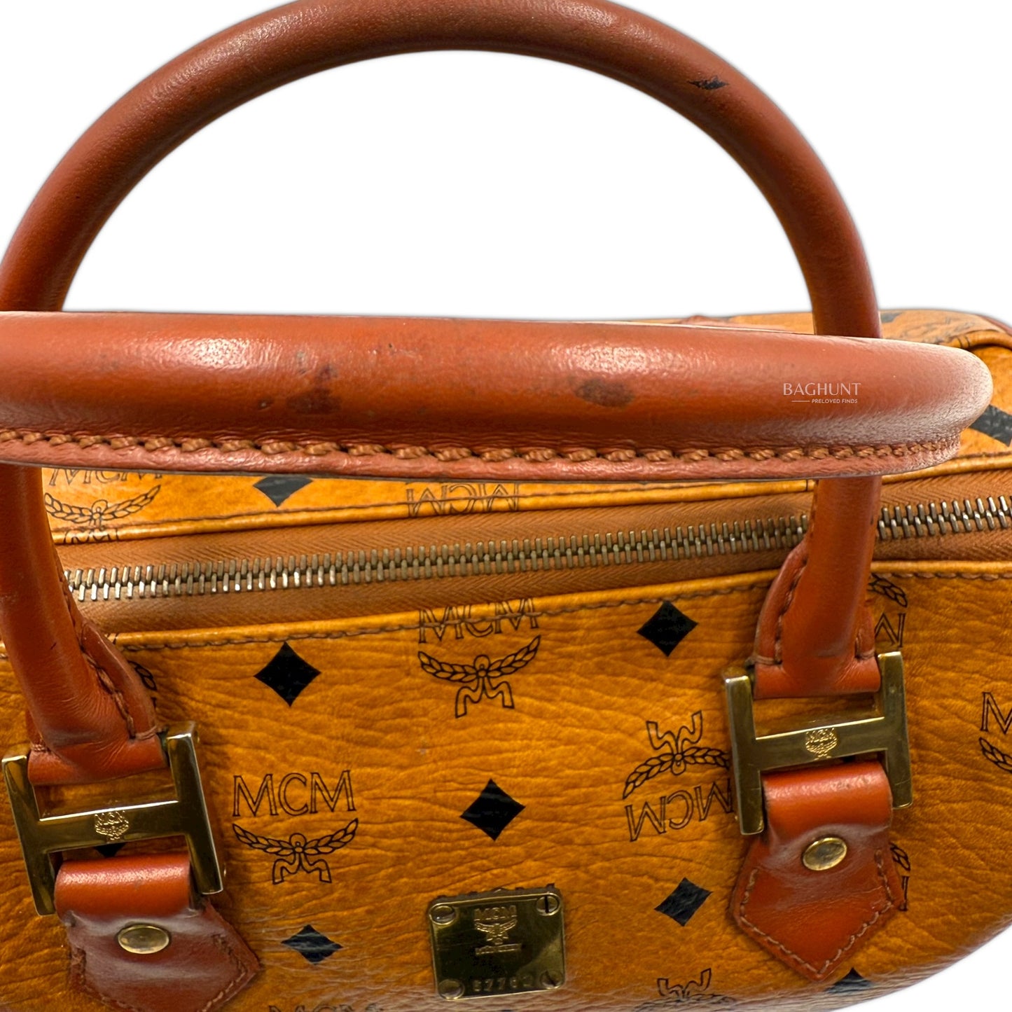 MCM Visetos Cognac Leather Boston Bag